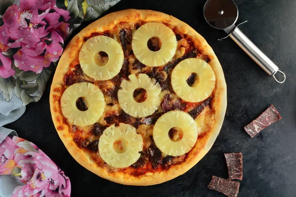 Homemade Pineapple Pizza on background, close up