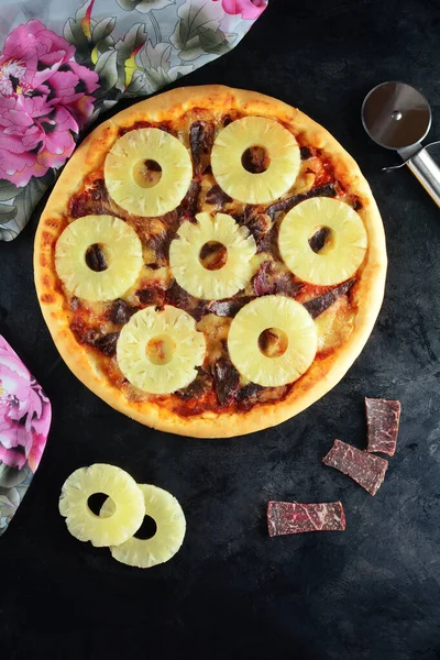 Homemade Pineapple Pizza on background, close up