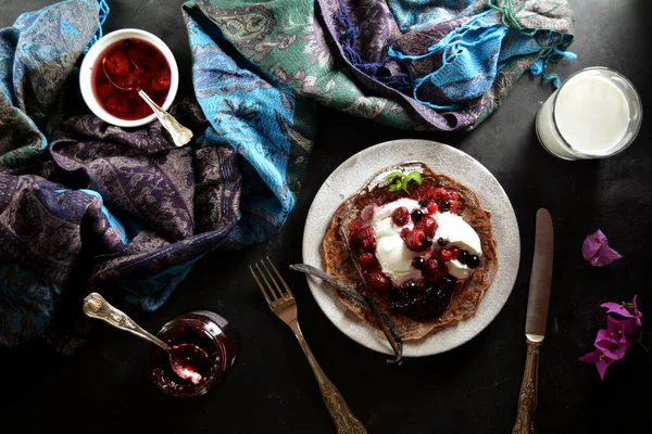 Keto Chocolate Pancakes Whipped Cream Berries — Stock Photo, Image