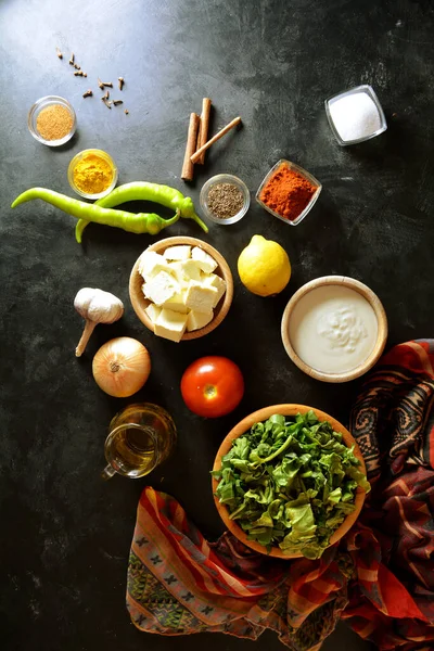 Yemek Pişirmek Için Malzemeler Sağlıklı Yemek Üstteki Görünüm — Stok fotoğraf