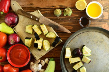top view of various ingredients for cooking on wooden table