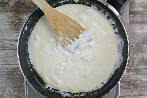 Preparing Creamy Sauce Pan Background Close — Stock Photo, Image