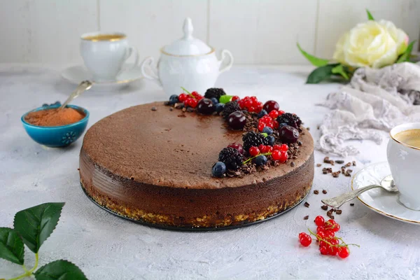 Gâteau Fromage Chocolat Sur Fond Gros Plan — Photo