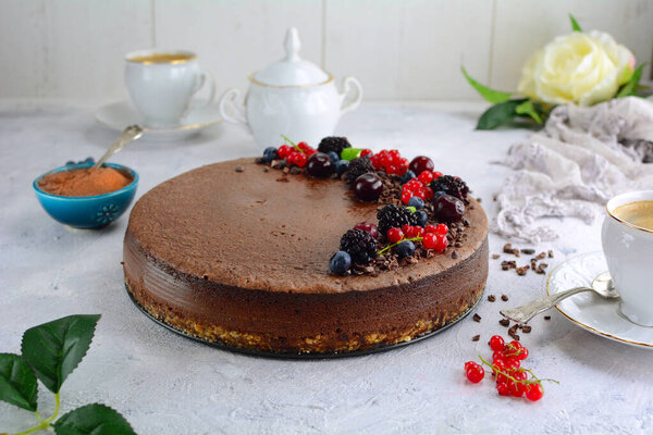 chocolate cheesecake on background, close up