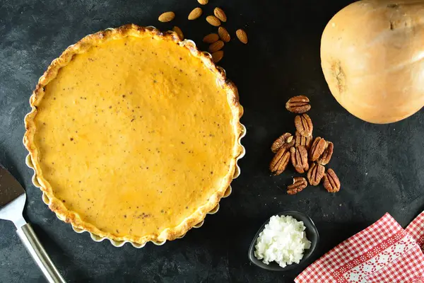 vegan maca pumpkin pie on background, close up