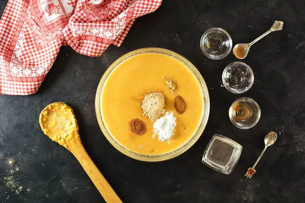 vegan maca pumpkin pie on background, close up