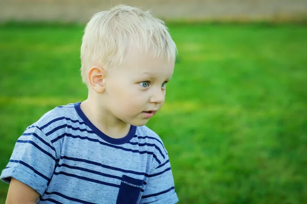 Portrait de petit garçon blond surpris, été en plein air — Photo