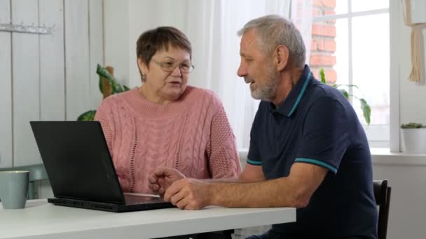 Feliz sorrindo idoso sênior casal planejamento orçamento familiar ou fazer compras on-line no laptop pc — Vídeo de Stock