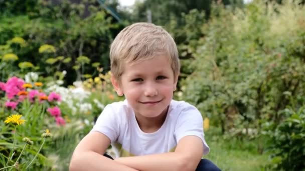 Щасливий милий хлопчик 6 років сидить на вулиці і показує великий палець вгору — стокове відео
