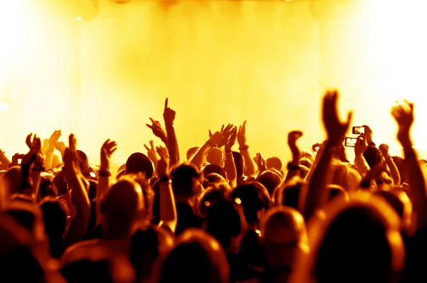 Sziluettek koncert tömeg előtt fényes színpadi fények — Stock Fotó