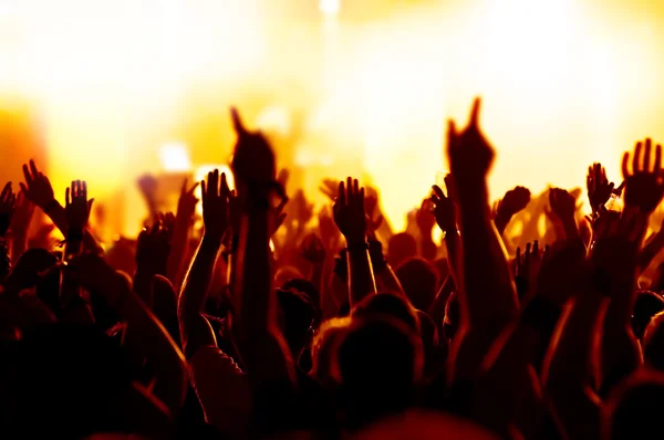 Siluetas de la multitud de conciertos frente a luces de escenario brillantes — Foto de Stock