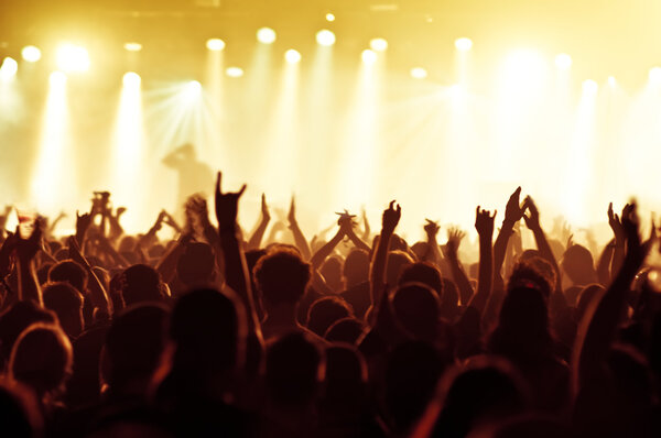 silhouettes of concert crowd in front of bright stage lights