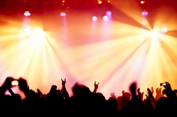 Silhouettes of concert crowd in front of bright stage lights — Stock Photo, Image