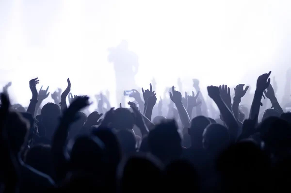 Siluetas de la multitud de conciertos frente a luces de escenario brillantes — Foto de Stock