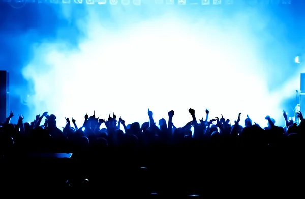 Parlak sahne ışıkları önünde konser kalabalığının siluetleri