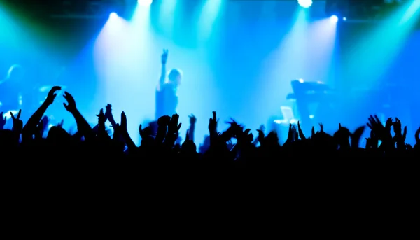 Silhouettes de la foule de concert devant les lumières de la scène lumineuse Images De Stock Libres De Droits