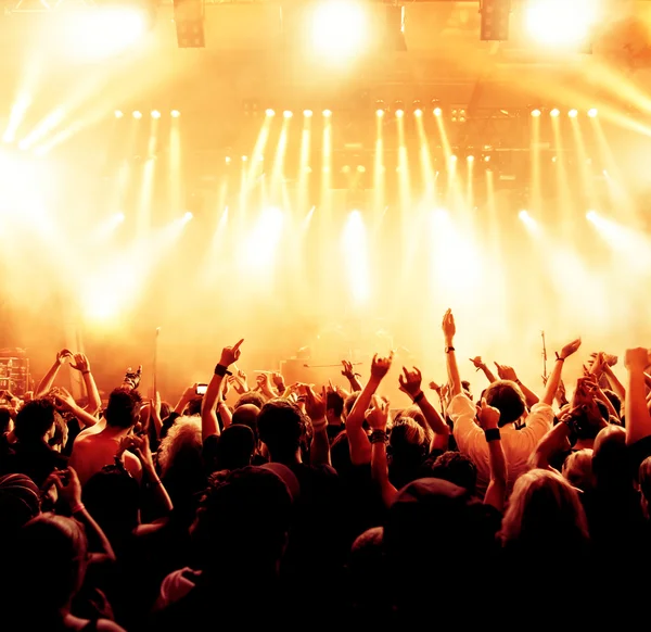 Silhouettes of concert crowd in front of bright stage lights Stock Picture