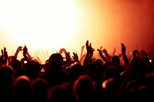 Siluetas de la multitud de conciertos frente a luces de escenario brillantes Fotos De Stock