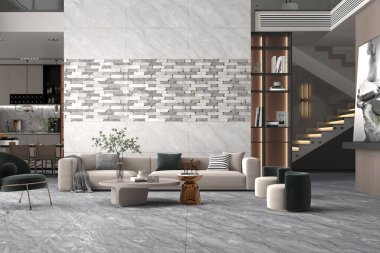 Açık raflar, taş fayanslar ve sıcak toprak tonlarıyla taştan esinlenilmiş bir mutfak. 3B Hazırlama