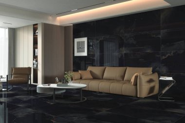 Duvarlarda ve zeminde parlak siyah kuvars kiremitleri ve şık bir oturma düzeniyle modern ev içi. 3B Hazırlama