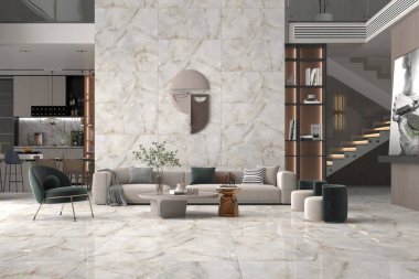 Minimum yaşam alanı, fayans döşemesi, cam dekor ve doğal ışık, mutfak iç kısmı arkada. 3 Boyutlu Çizimler. 3B Hazırlama