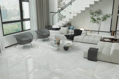 Geniş camlı, dekoratif bitkileri olan modern bir yaşam alanı, ve temiz bir düzen, parlak fayanslı zemin. 3B Hazırlama