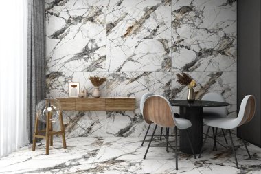 Warm-toned restaurant interior with quartz tables and modern layout. 3D Rendering