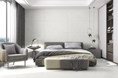 Beyaz mermer boş duvarı olan şık bir yatak odası, rahat asılı bir ışık, fayanslı döşeme, rahat gri kral yatağı. 3B Hazırlama