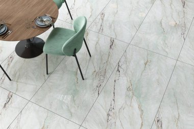 Modern dining room with wooden textured quartz-top table and ambient pendant lighting. 3D Rendering. 3D Illustrations. Mockup