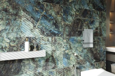 Minimal modern washroom with terrazzo tiles, matte black fittings, and decor accents. Closeup view. 3D Rendering. Mockup