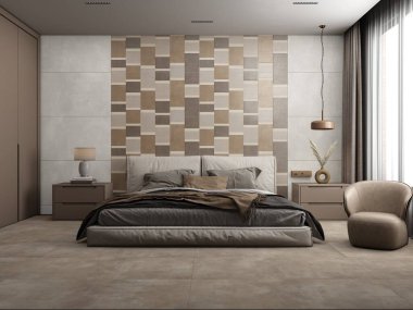 Taş desenli duvarlı ve sanatsal aksanlı lüks yatak odası. 3B Hazırlama