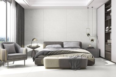 Kuvars-üstü komodinli, rahat ışıklandırmalı ve pastel tonlu zarif bir yatak odası. 3 Boyutlu Çizimler. 3B Hazırlama