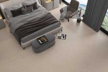 Cozy bedroom space with soft lighting, quartz decor, and minimal furniture. 3D Illustrations. 3D Rendering. Mockup