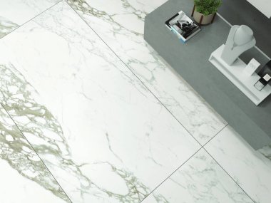 Modern lounge interior featuring stone wall cladding and minimalist design. 3D Rendering. Mockup