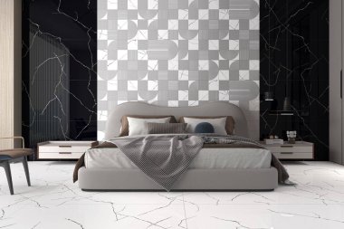 Büyük yatak odasının içi beyaz mermer kaplama duvar ve zemin, büyük boy yatak, duvarlarında siyah parlak mermer. Üç boyutlu görüntüleme. Modelleme. Yüksek Çözünürlük