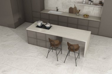 Mutfağın içini taş kiremitlerle, kuvars, ahşap aksanlı, minimalizm ve lükse sahip orta ada manzarası. Üç boyutlu görüntüleme. Model