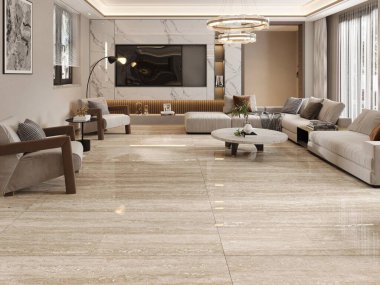 Şık ahşap desenli mermer döşeme, televizyon duvarında dev bir televizyon, rahat katmanlı kanepe seti, beyan avizesi ve rahat dokuları olan şık bir oturma odası. 3B Hazırlama