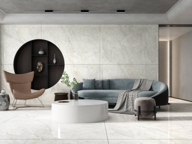 Beyaz kalacatta Granza taş döşemeli, dairesel siyah kuvars dekorlu ve parlak açık manzaralı minimalist bir iç görünüş. Üç boyutlu görüntüleme. Model