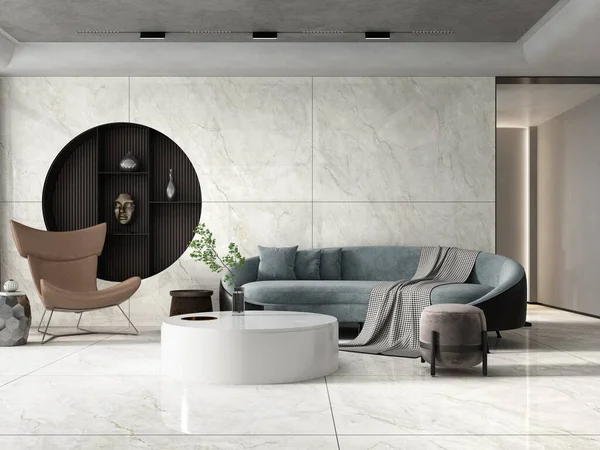 Beyaz kalacatta Granza taş döşemeli, dairesel siyah kuvars dekorlu ve parlak açık manzaralı minimalist bir iç görünüş. Üç boyutlu görüntüleme. Model