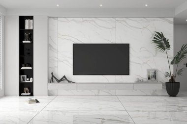 Lüks bir oturma odası duvarında Cacatta botega kuvars, döşeme döşemeleri ve duvarında tam boy televizyon olan bir oda. 3 Boyutlu Çizimler. 3B Hazırlama