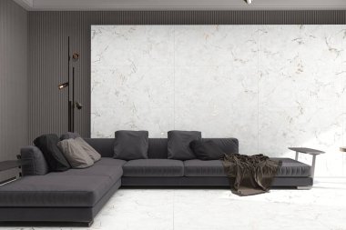 Mermer döşeme, sanat eserleri, masa ve beyaz ışıklandırmalı gri L şeklinde kanepe. 3B Hazırlama