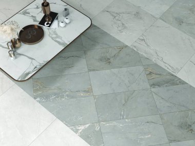 Şehir içi oturma odasının içinde kuvars yüzeysel parçalar ve modern koltuklar var. 3B Hazırlama