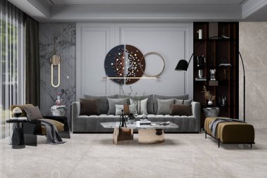 Minimalist iç mekan, büyüleyici dekorlar ve mobilyalar, mermer kaplama dekorlar, kuvars elementleri ve açık alan ile dolu. Üç boyutlu görüntüleme. Model