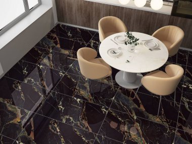 Parlak kahverengi fayanslı döşeme, nötr duvar ve sıcak tonlarda yemek masası ve servis edilen beyaz çatal bıçaklarla dolu. 3B Hazırlama