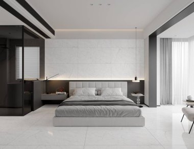 Arka duvarında kuvars ve yerde beyaz kalacatta, beyaz şeffaf perde, asılı lambalar ve sıcak tonlarla en küçük boy yatak odası. Üç boyutlu görüntüleme. Model