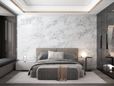 Yatak odasının içinde ahşap döşemeler, kuvars komodinleri ve arka duvarlar, ve yumuşak ışıklandırma, siyah şeffaf cam gardırop var. 3B Hazırlama