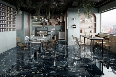 Koyu kafe iç tasarımı, parlak siyah döşemeli döşeme, mermer aksanlı ve açık renk dekorlu. 3 Boyutlu Çizimler. 3B Hazırlama