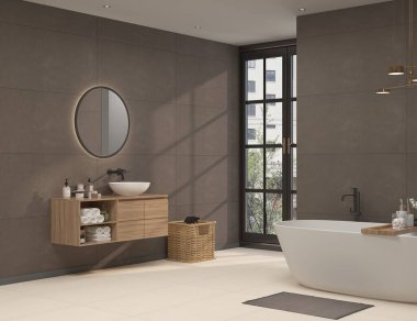 Parlak beyaz banyoda sıcak bej parlak mermer döşemeler, kahverengi renkli duvarlar ve fırçalanmış nikel, tahta yüzen depolama birimleri var. 3B Hazırlama