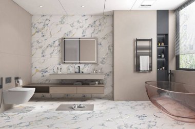 Yüksek parlak mermer duvar kaplamalı modern tuvaletler, yüzen lavabolu çift aynalar, nötr tonlar ve yumuşak dekorlar. Üç boyutlu görüntüleme. Model
