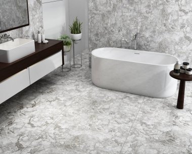 Parlak siyah mermer tezgahlı parlak modern banyo, beyaz seramik leğen, ve ince kapalı bitki dekoru, seramik küvet. 3 Boyutlu Çizimler. 3B Hazırlama